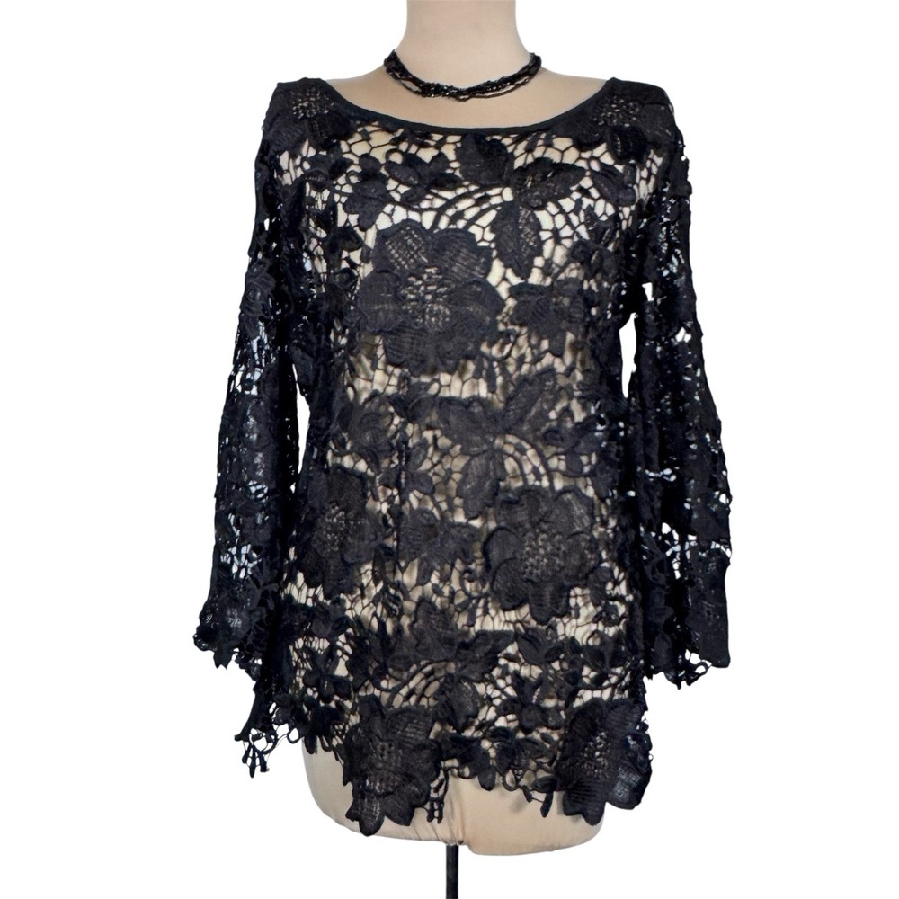 Black Floral Lace Long‎ Sleeve Top Medium Elegant Sheer Blouse Party Whimsigoth